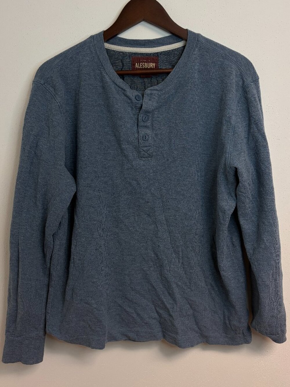 Men's Blue Long Sleeve Henley Shirt Cotton Button Crewneck Soft Fall Large